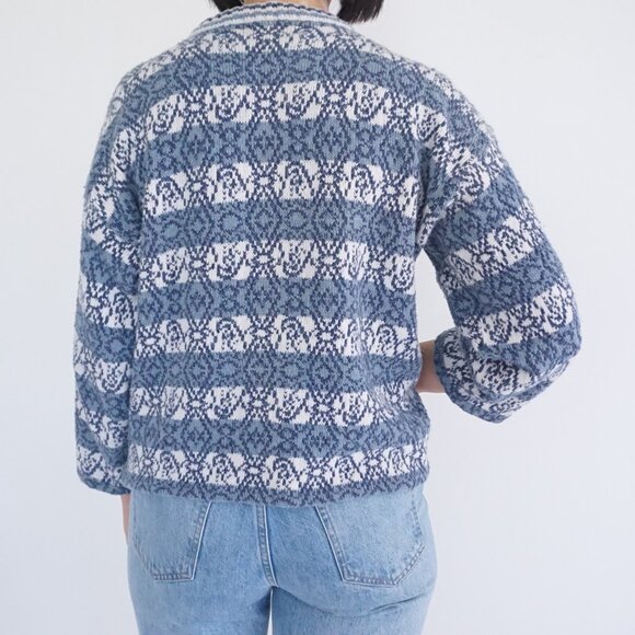 Vintage Concrete Cotton Knit Sweater Blue White Cottagecore Cabincore M - Picture 2 of 9